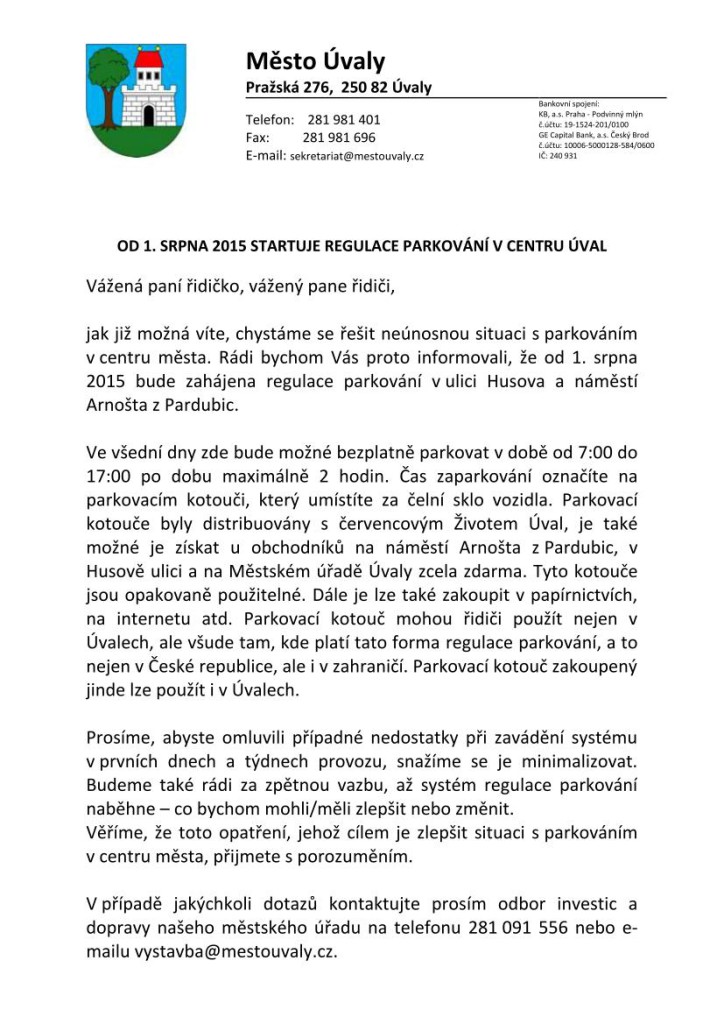 info pro řidiče_parkování v centru Úval